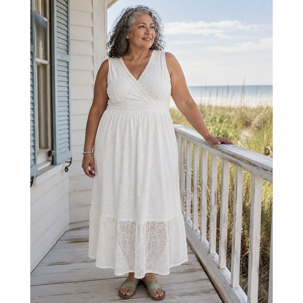 Spartina 449 Women's Louisa Lace Maxi Dress Pearl White Sleeveless XXL Cottage